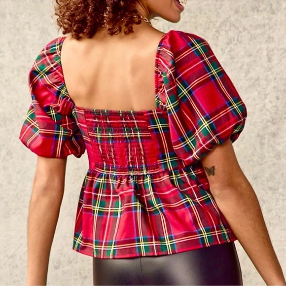 Francesca’s Collections Nicole Plaid Puff Sleeve Pleated Holiday Blouse NWT - Picture 3 of 15